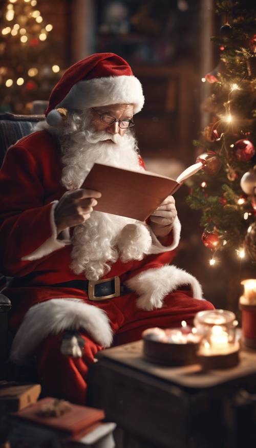 Santa Claus enjoying a quiet moment with a cup of hot cocoa, reading letters from children by the light of the Christmas tree, surrounded by the bustle and merriness of his toy workshop. Tapeta [00e90c281af74793a200]