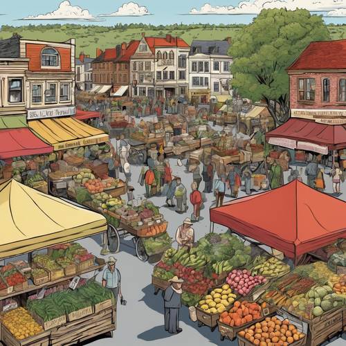 A cartoon image of a bustling farmers' market with stalls of fresh fruit, vegetables, and flowers in the heart of a quaint country town.
