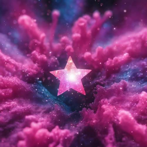 Uma estrela rosa nascendo nas profundezas de uma nebulosa de cores vivas.