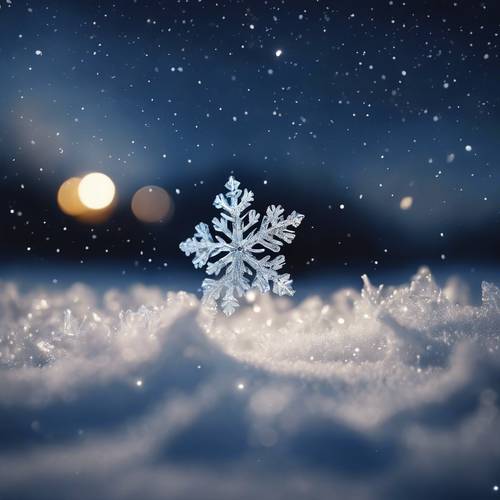פתיתי שלג לבנים היוצרים ניגוד מדהים על רקע שמים כחולים בחצות בליל חורף שקט.