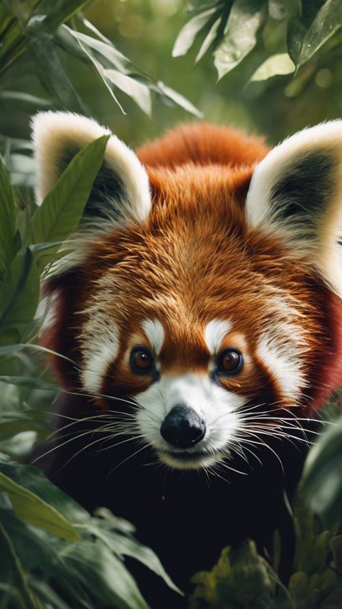 Um panda vermelho espiando curiosamente por trás de grossas folhas verdes.