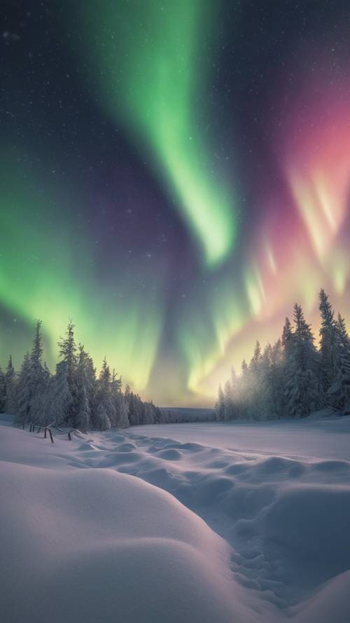 Une vue dynamique des aurores boréales dansant sur un paysage enneigé.