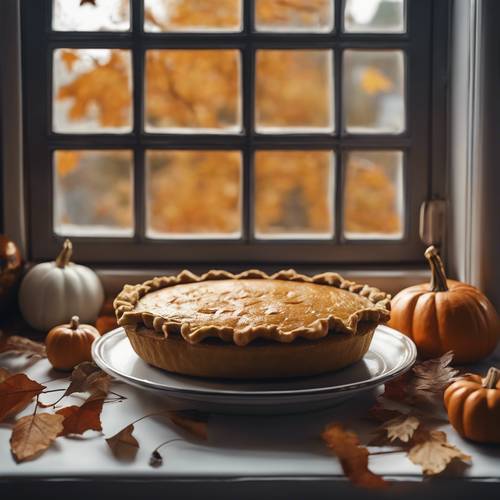 A pumpkin pie cooling on a window sill, autumn leaves and festive Halloween decorations around.