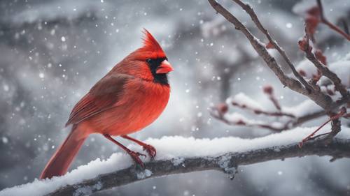 พระคาร์ดินัลสีแดงโดดเดี่ยวนั่งอยู่บนกิ่งไม้ที่ปกคลุมไปด้วยหิมะ