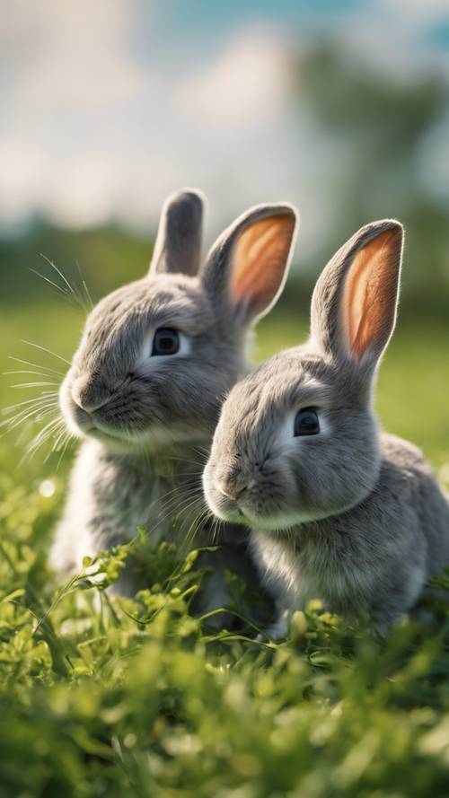 Um casal de coelhos cinzentos brincando alegremente em um prado verdejante durante um dia ensolarado.