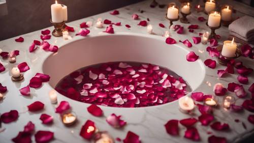 Um banho relaxante com pétalas de rosas e o brilho suave de uma vela, uma frase rejuvenescedora formada pelas pétalas de rosas.