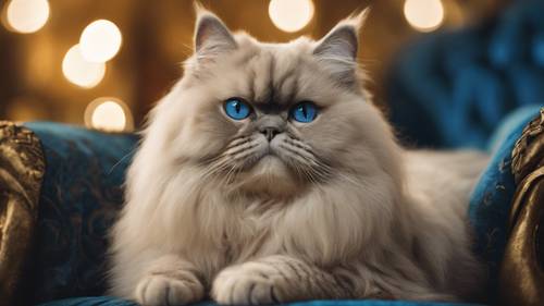 Một chú mèo Ba Tư nổi bật với đôi mắt xanh đang nằm dài trên chiếc gối nhung sang trọng với nền vàng cổ kính.