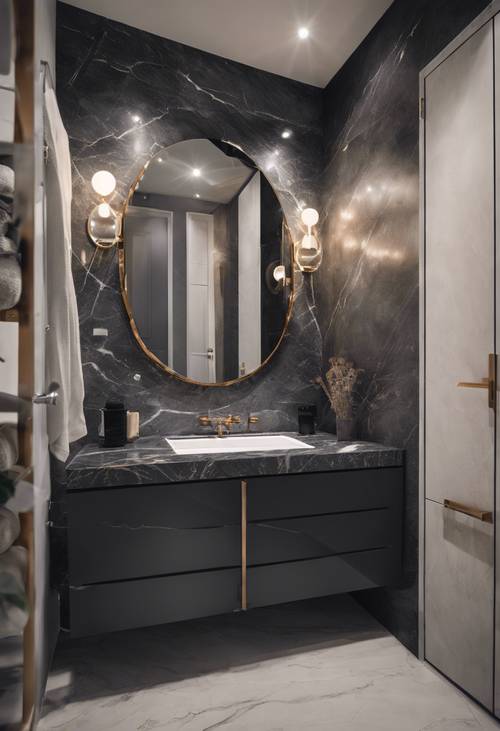 Раковина под раковину из темно-серого мрамора дополняет современный дизайн ванной комнаты.