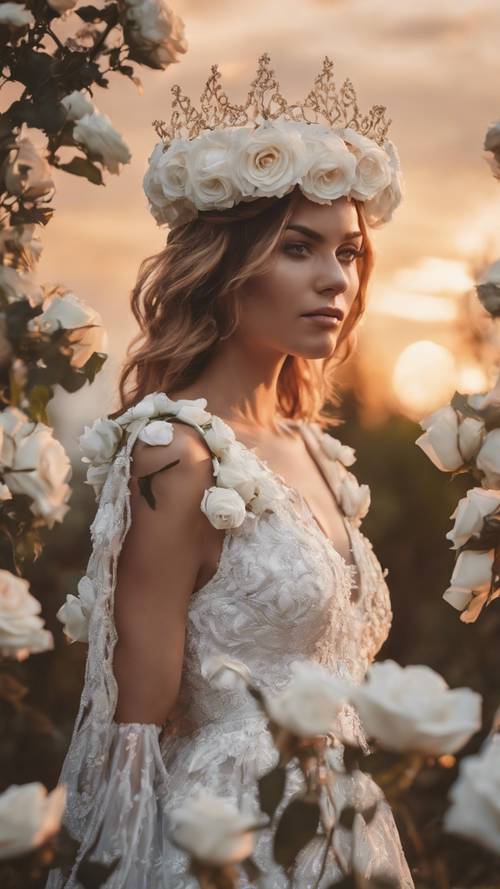Seorang wanita mengenakan mahkota yang terbuat dari mawar putih dengan latar belakang matahari terbenam.