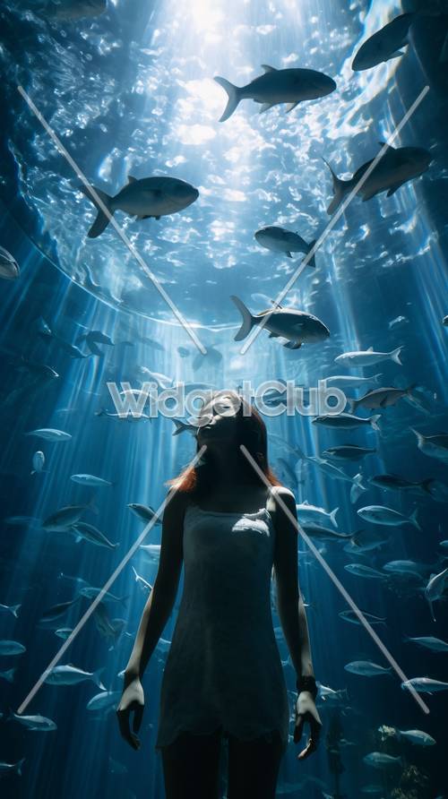 Girl in a Magical Underwater World with Swimming Fishes
