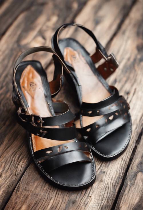 Schwarze Ledersandalen im Boho-Stil auf einem Holzhintergrund.