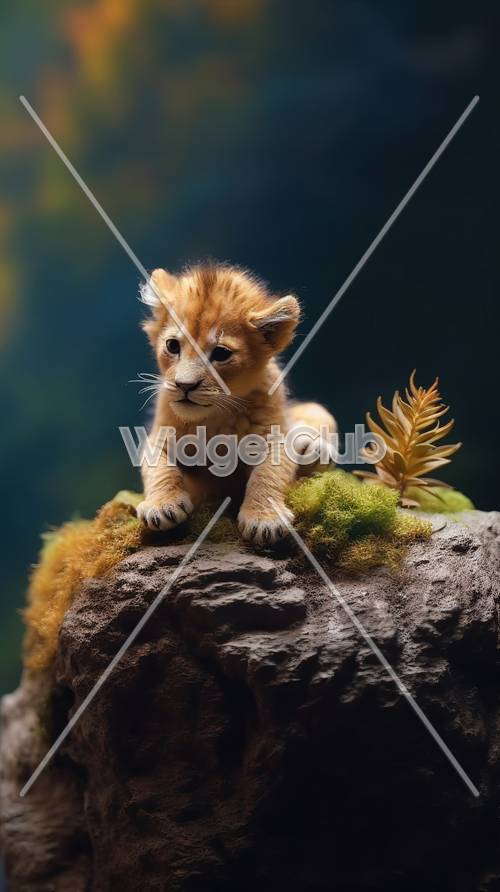 Filhote de leão fofo em uma rocha