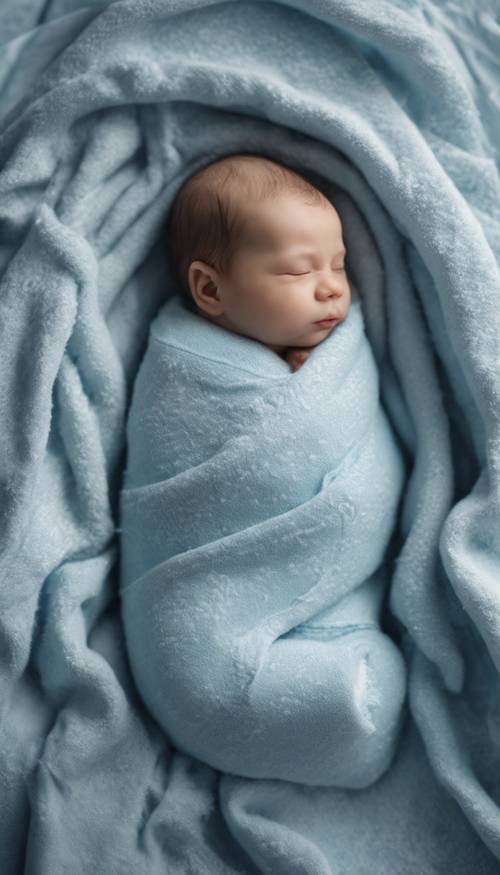 เด็กน้อยน่ารักห่อตัวด้วยผ้าห่มสีฟ้าอ่อนแสนสบาย นอนหลับอย่างสงบ