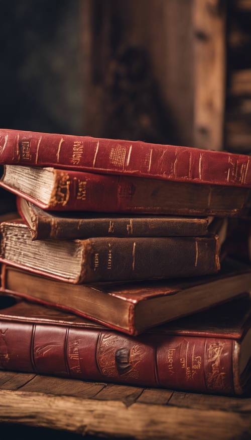 حياة ساكنة لكومة من الكتب الجلدية العتيقة باللونين الأحمر والبني على مكتب خشبي عتيق.
