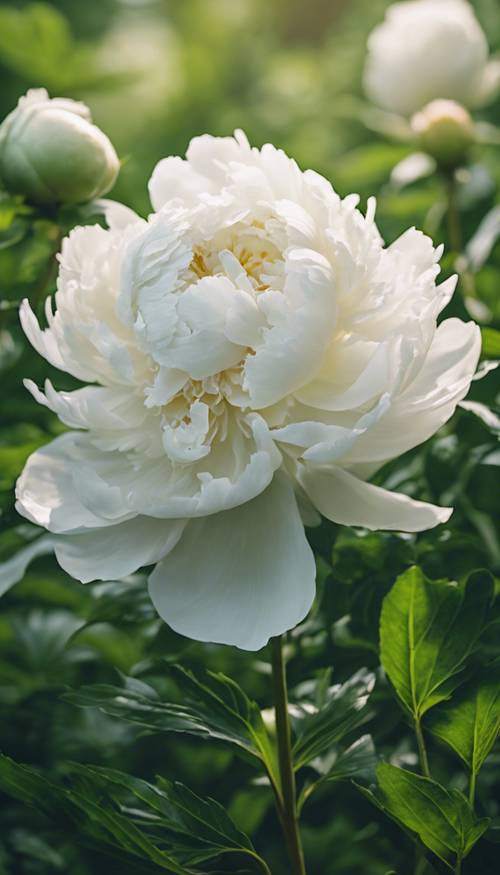 一朵娇嫩的白色牡丹花在郁郁葱葱的绿色背景上。