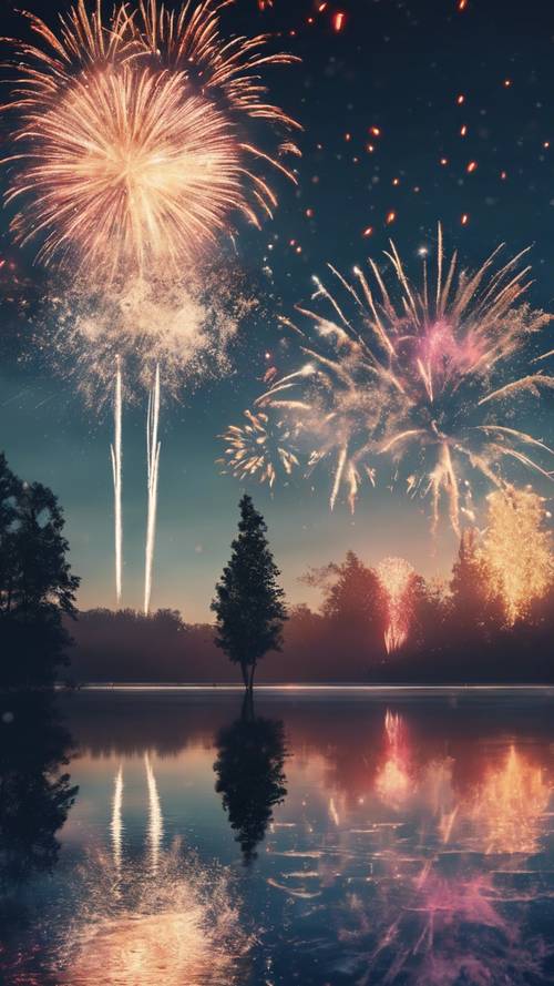 Un lac placide reflétant un ciel rempli de feux d’artifice, célébrant la transition vers la nouvelle année.
