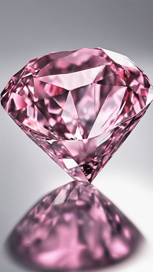 A small pink diamond elegantly placed on top of a glossy white surface reflecting its vivid color.