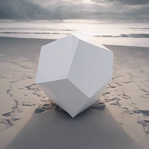 Eine riesige weiße geometrische 3D-Form an einem grauen, einsamen Strand bei Sonnenaufgang. Hintergrund [2cf44a9aa18242bd812a]