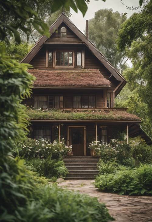 Bahar mevsiminde gür yeşilliklerin ortasında yer alan büyüleyici kahverengi bir kır evi.