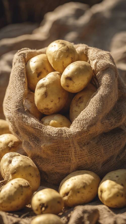 A burlap sack overflowing with golden potatoes under warm sunlight.