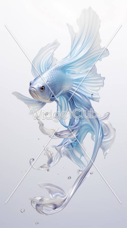 空を泳ぐ青と白の幻想的な魚の壁紙