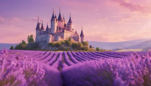Um castelo de conto de fadas situado entre campos floridos de lavanda sob um céu roxo pastel.