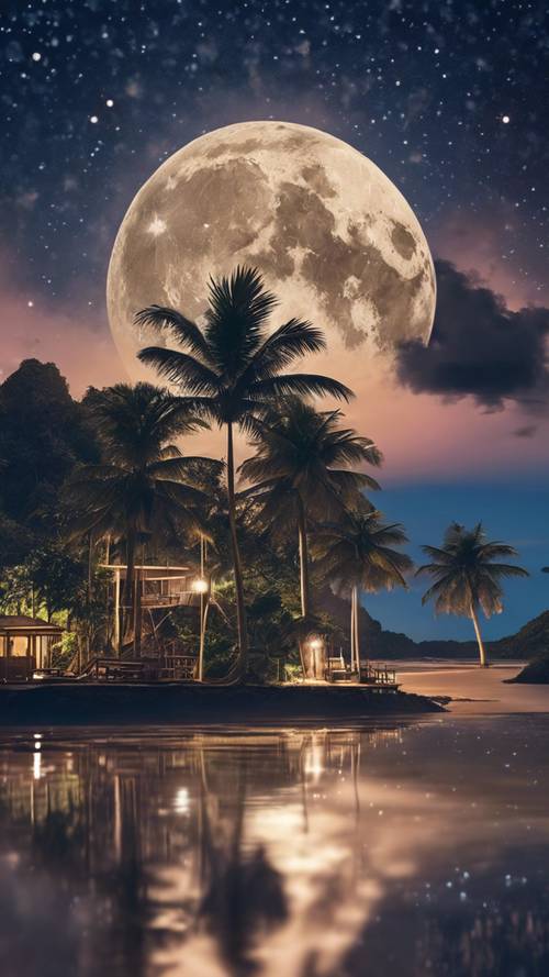 Uma pacífica ilha tropical sob um céu noturno repleto de estrelas e uma lua cheia brilhante.