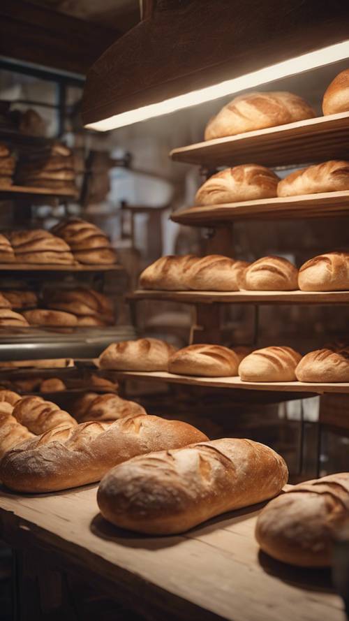 A small rustic bakery filled with the warm aroma of sourdough bread baking.