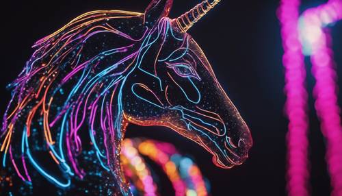 Karanlık bir arka planda dinamik neon ışıklarla dolu bir tek boynuzlu atın silueti.