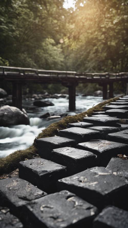 Spessi mattoni neri che formano un robusto ponte su un fiume tranquillo e scorrevole.