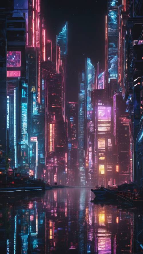 Uma movimentada cidade futurista com luzes de néon refletidas nas águas escuras de um rio próximo à noite.