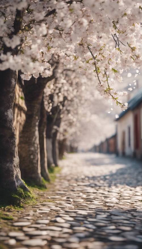 Pétalos blancos de cerezo cayendo suavemente sobre una tranquila calle adoquinada en un pintoresco pueblo.