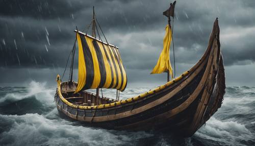 A viking longboat with yellow and black stripes on its sail in a stormy sea