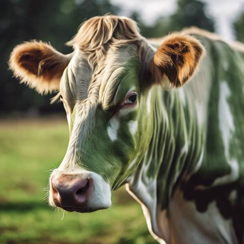 The side profile of a gentle dairy cow, its coat dappled with various shades of green.