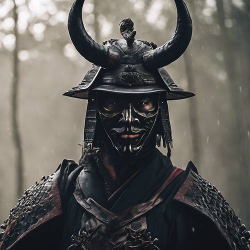 Um temível samurai sombrio com uma máscara demoníaca emergindo da névoa.