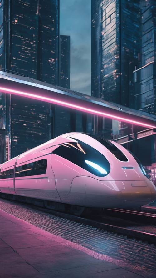 未来の駅と高速マグレブ列車、ハイテクなネオンライトが光る都市 風景の壁紙
