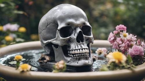 A gray skull serving as an enchanting bird bath in a blooming garden.