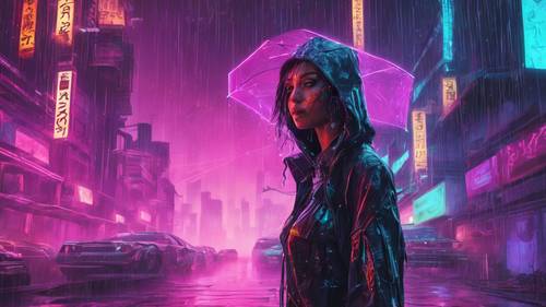 Neon-infused raindrops falling on a cybernetic female assassin in a dystopian city.