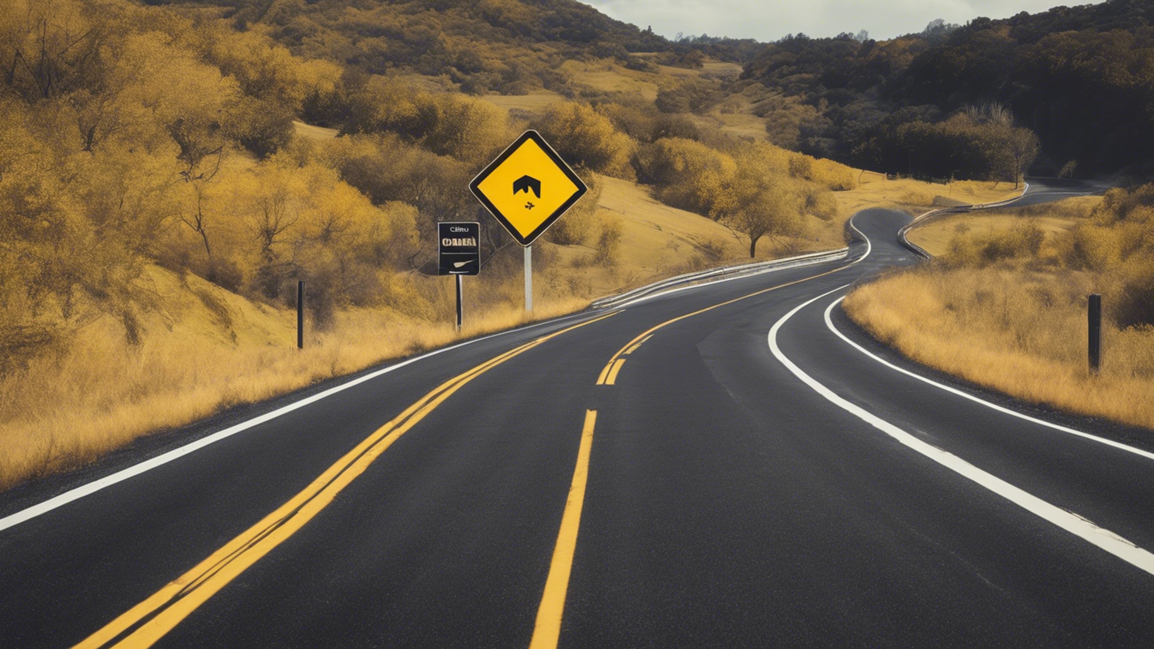 A black and yellow road sign cautioning drivers of a curve ahead on a hilly highway.壁紙[54deeaa16e2344638200]
