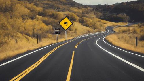 A black and yellow road sign cautioning drivers of a curve ahead on a hilly highway.