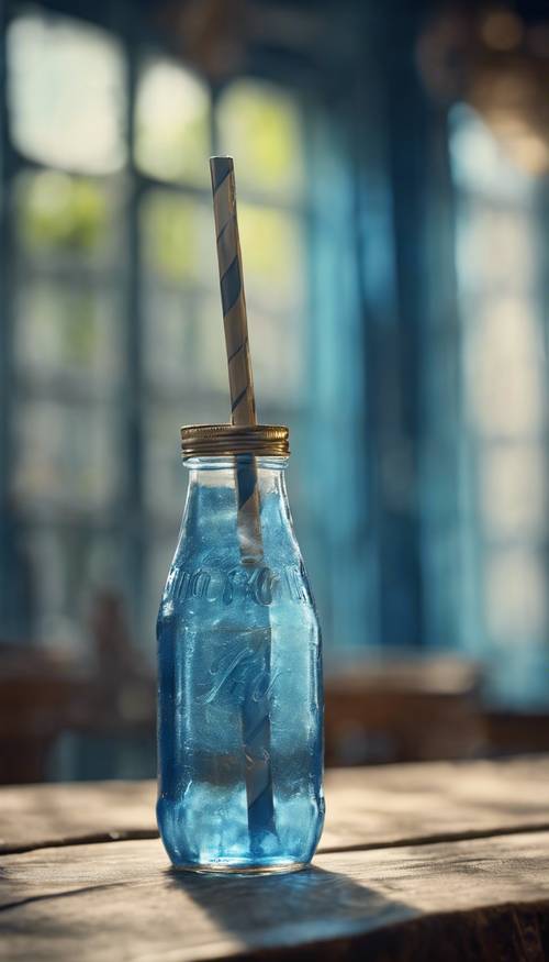 زجاجة صودا زجاجية زرقاء قديمة الطراز مع ماصة مخططة.