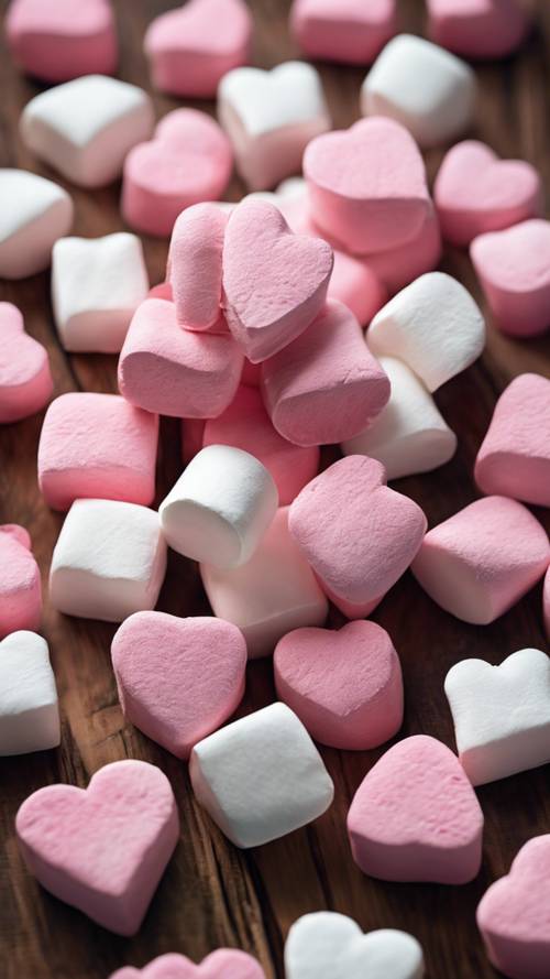 발렌타인 데이를 위한 준비가 된 고풍스러운 나무 테이블 위에 분홍색과 흰색 하트 모양의 마시멜로 더미가 쌓여 있습니다.