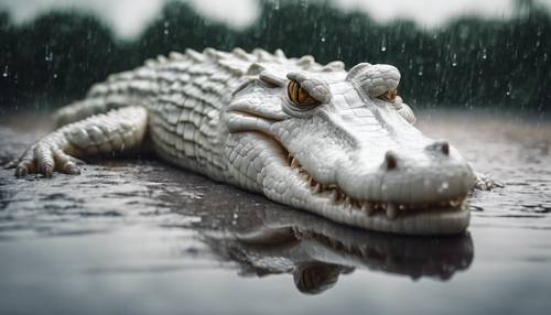 Sebuah gambar seekor buaya putih yang megah dengan kulit yang berkilau, hampir seperti mutiara, di bawah hujan.