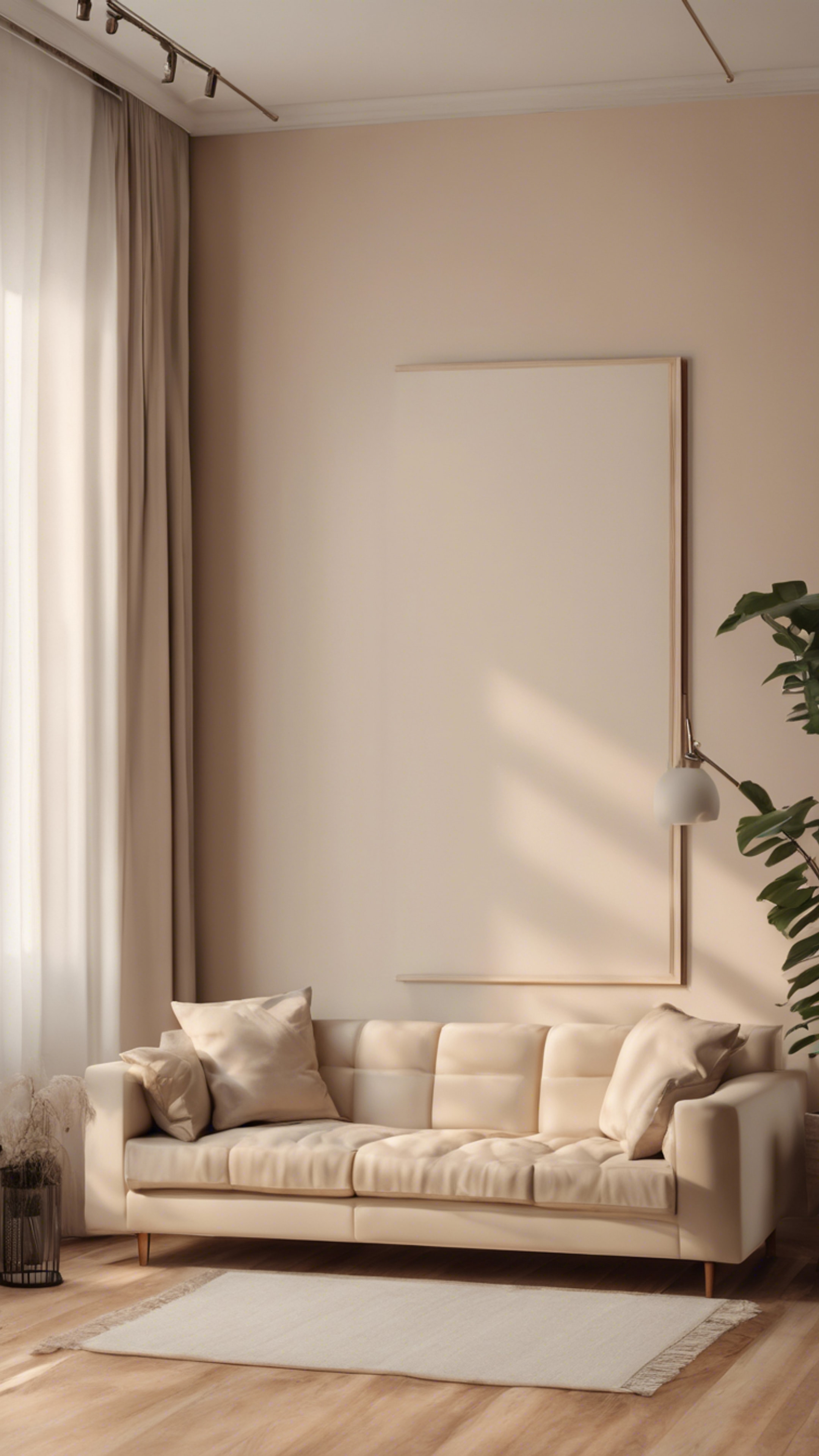 A minimalist room with beige walls, wooden floor, and comfortable beige-colored sofa. Ფონი[282520d07896429087dc]