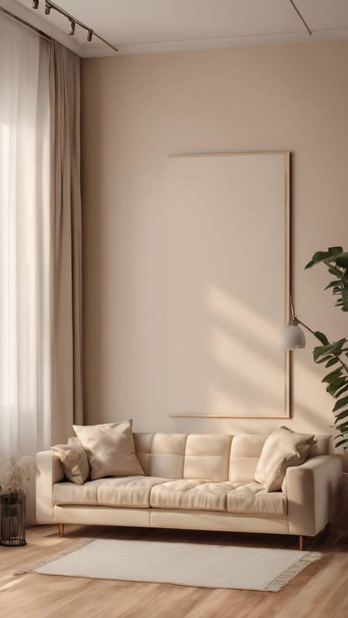Kamar minimalis dengan dinding krem, lantai kayu, dan sofa nyaman berwarna krem.