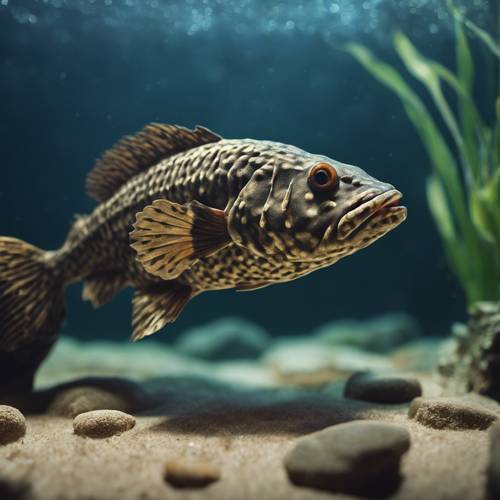 늙고 현명해 보이는 plecostomus 물고기가 희미한 수중 조명 아래 유목 조각 위에서 휴식을 취하고 있습니다.