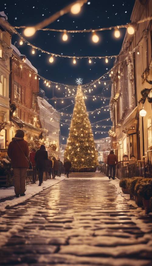 Une carte postale de Noël vintage représentant une vieille place de ville baignée de lumières de Noël colorées.