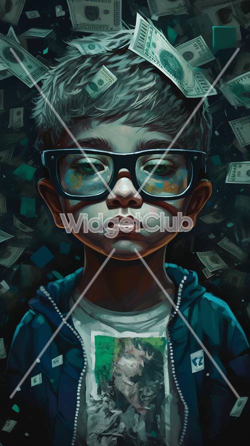 Junge mit Brille, umgeben von fliegendem Geld