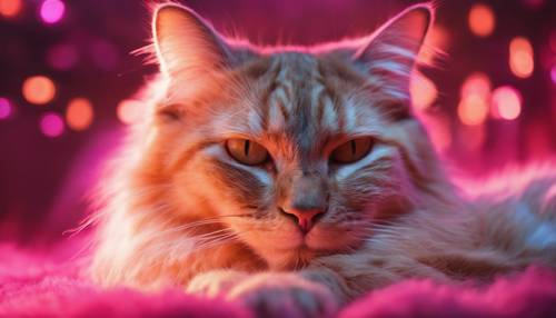 Seekor kucing menawan sedang beristirahat, diselimuti aura luminescent merah muda dan oranye yang bersinar.