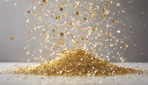 Still-life of gold and white glitter particles suspended in mid-air.
